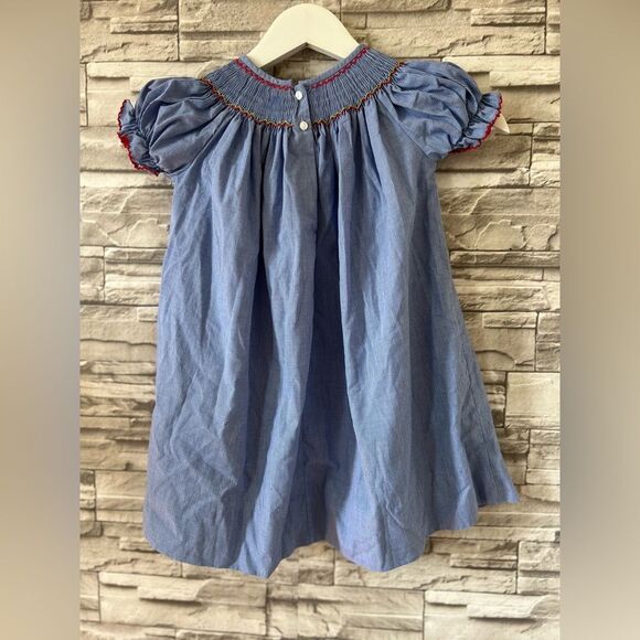 Petit Bébé || Girls Blue Checkered Embroidered Apple Hand Smoked 2T Dress - Picture 2 of 8
